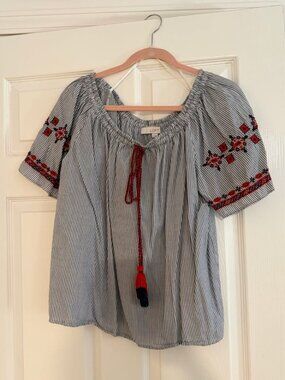 LOFT Embroidered Striped Peasant Top